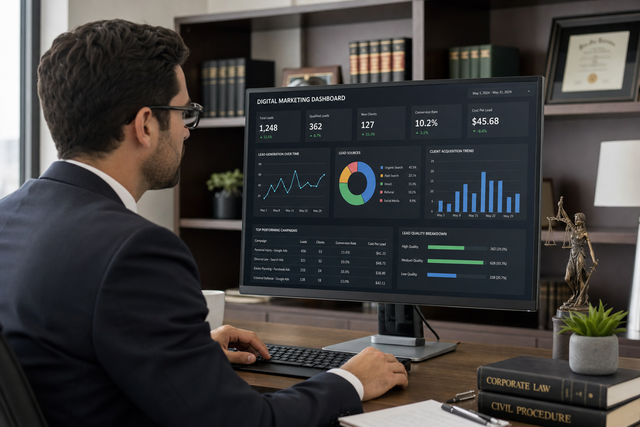 Advogado analisando dashboard de marketing digital com métricas de captação de clientes em escritório moderno