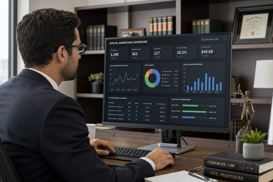Advogado analisando dashboard de marketing digital com métricas de captação de clientes em escritório moderno